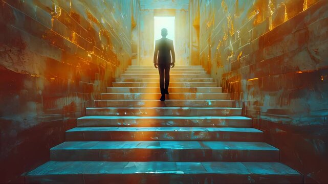 A person climbs a staircase toward a bright light, creating an inspiring scene