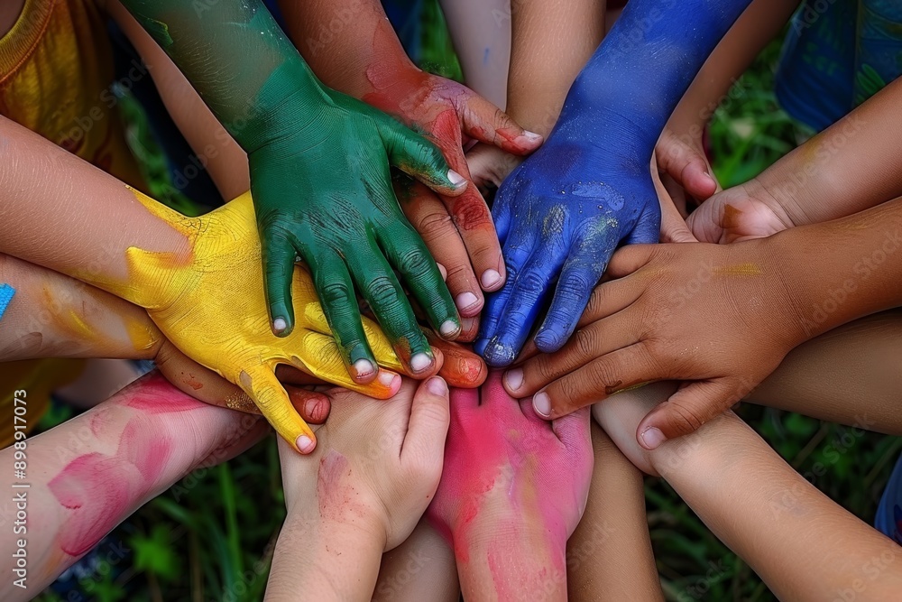 Poster children’s hands painted with various colors symbolizing unity creativity and playful learning in an