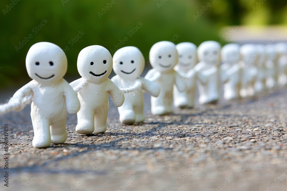 Poster line of smiling white figures symbolizing unity happiness and social connection in a bright outdoor 