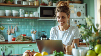 Fototapeta premium Culinary Exploration: Woman Researching Recipes Online
