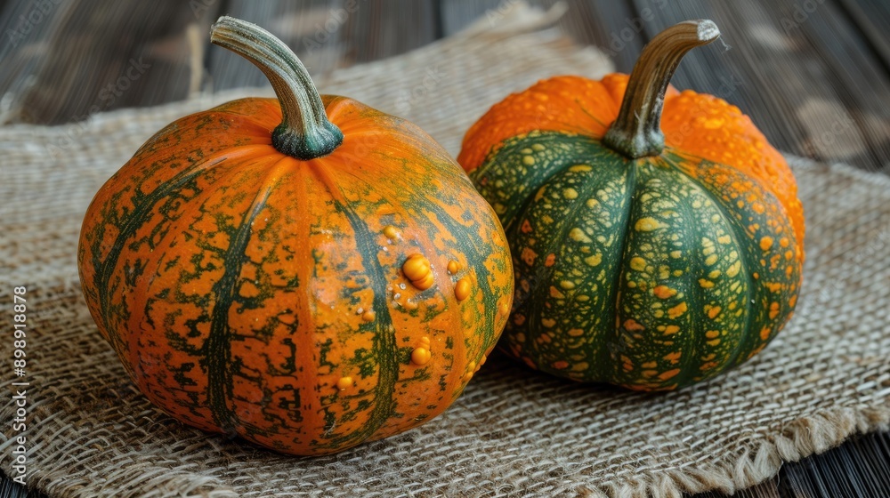 Canvas Prints Orange and green pumpkins beside a mat on a wooden surface