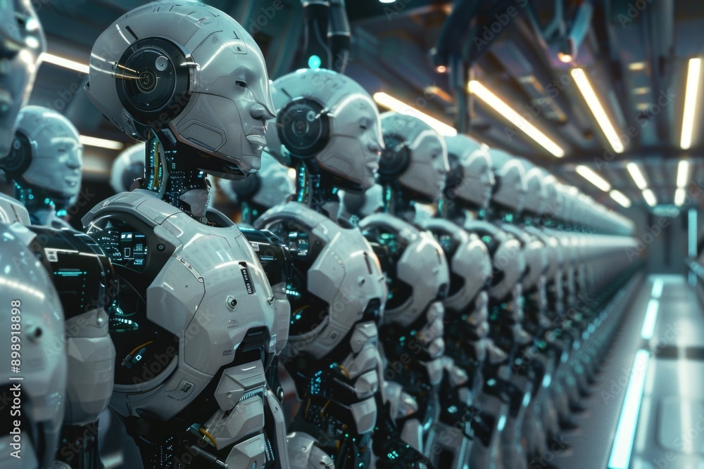 Poster a line of industrial robots standing in a modern office space, ready for operation