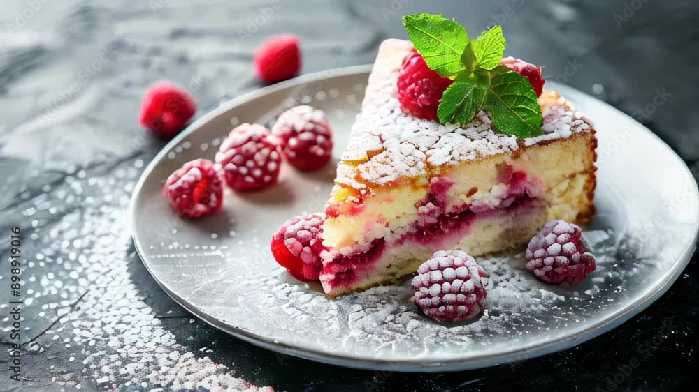 Poster slice of raspberry cake on plate with powdered sugar and fresh raspberries