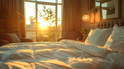 Morning sunlight fills cozy hotel room, creating peaceful, inviting atmosphere. Golden hour light illuminates comfortable interior, exuding serene ambiance for relaxation and new beginnings