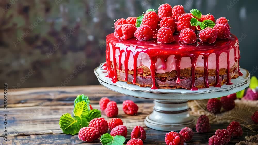 Poster decadent raspberry cake with layers and glossy glaze on rustic stand
