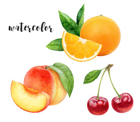 Watercolor fruits Orange, Peach, Cherries, art lovers, food enthusiasts. Colorful interior addition