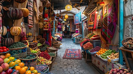 An exotic market with vendors of fruits, spices and colorful textiles