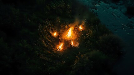 Campfires illuminating small groups of people
