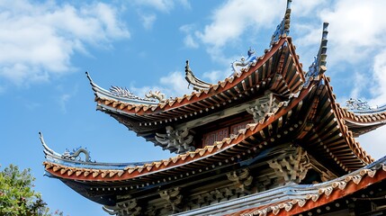 Naklejka premium Chinese pagoda with curved roofs and sculpted dragons