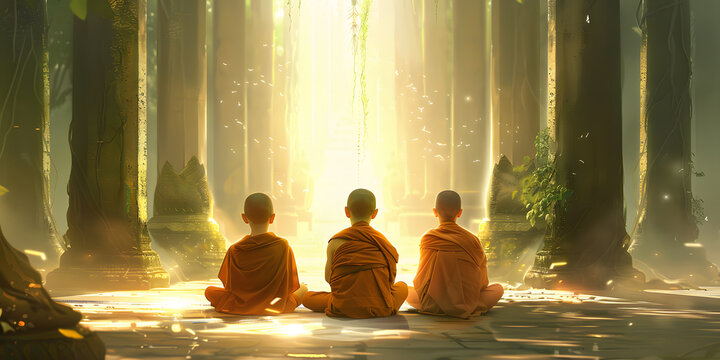 Monjes budistas em t&uacute;nicas sentados em medita&ccedil;&atilde;o pac&iacute;fica.