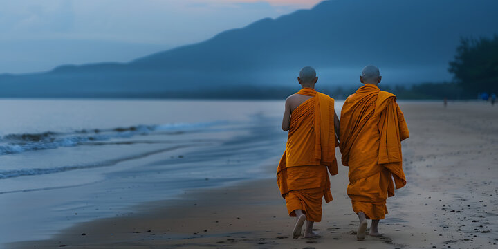 Monges budistas caminhando por uma praia tranquila ao anoitecer.