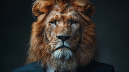 Serious lion head is wearing a suit and tie on a dark background, conveying strength, leadership, and success