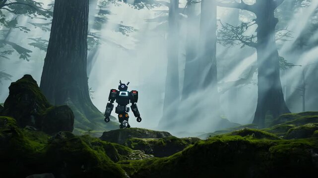 Robotic Figure in Enchanted Forest, nature and technology melded