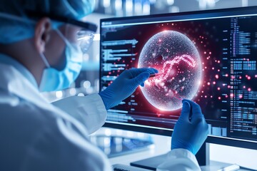 Scientist in protective gear analyzing data on computer screen.