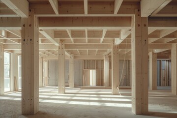 Fototapeta premium A room under construction with exposed wooden beams