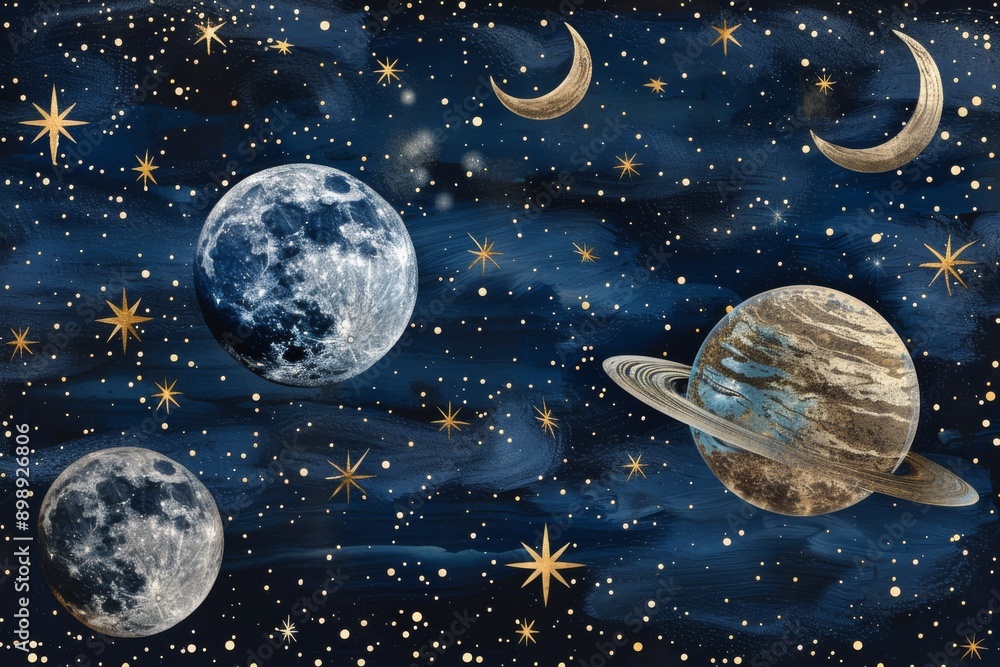 Poster celestial scene with planets and stars symbolizing space mystery and cosmic wonder in a detailed and