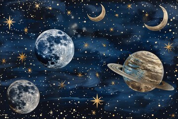 Fototapeta premium Celestial scene with planets and stars symbolizing space mystery and cosmic wonder in a detailed and imaginative setting