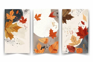 A set of three colorful banners decorated with autumn leaves, ideal for fall-themed events or decorations