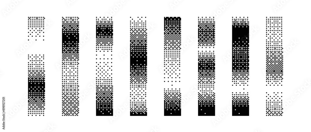 Aufkleber Halftone vertical gradient border set. Bitmap long dotted separator or divider collection. Pixelated rectangle decoration element for banner, poster, advertisement, card, cover. Vector