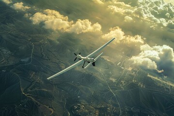 A small plane flies through fluffy white clouds above a bustling city, ideal for use in travel or aviation-related designs