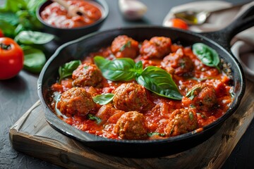 meatballs in tomato sauce in a frying pan Generative AI