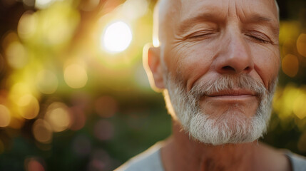a senior man leading a meditation session in a tranquil garden, promoting mindfulness and inner peace as essential elements of a well-balanced retirement lifestyle