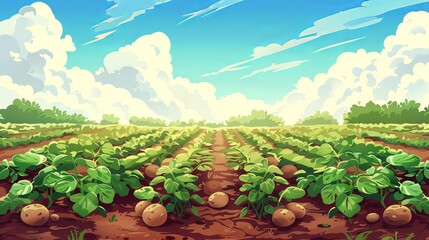 Digital illustration of potato field showing rows of lush green plants and ripe potatoes beneath bright, partly cloudy sky. Concept of agriculture, farming, crop cultivation, rural landscape