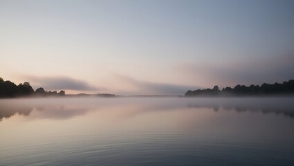Fototapeta premium Serene Lake at Dawn with Misty Morning Reflections and Tranquil Water