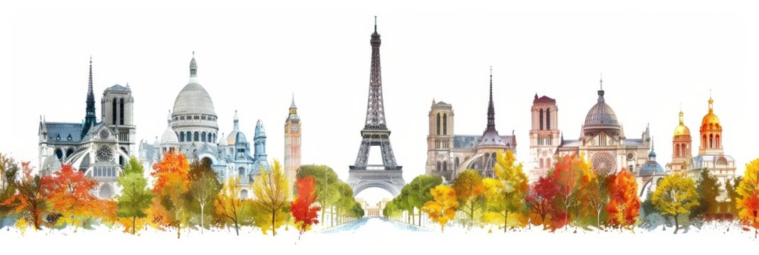 Eiffel Tower and other iconic sites of Paris in the autumn background, wide banner