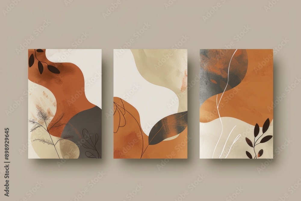 Aufkleber three abstract paintings on a wall, showcasing different styles and techniques