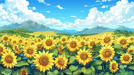 Obraz premium Digital illustration of a sunflower field with bright yellow flowers under a sunny blue sky. Concept of nature, floral beauty, summer, and environmental harmony.. Copy space