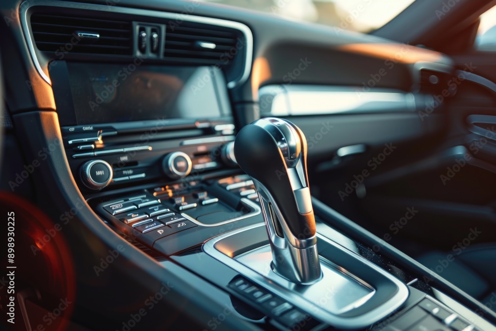 Poster Close-up shot of a car's dashboard showing the gear stick and surrounding controls
