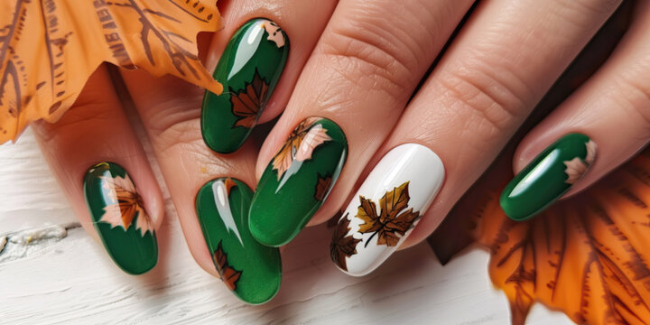 Autumn inspired green and white nail design with brown autumn leaves on green and white background for fall season