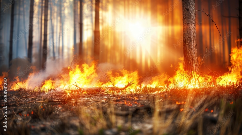 Poster forest fire. selective focus background and copy space