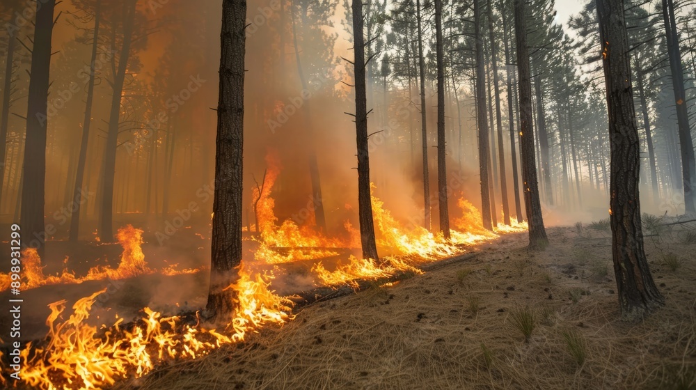 Poster forest fire. selective focus background and copy space
