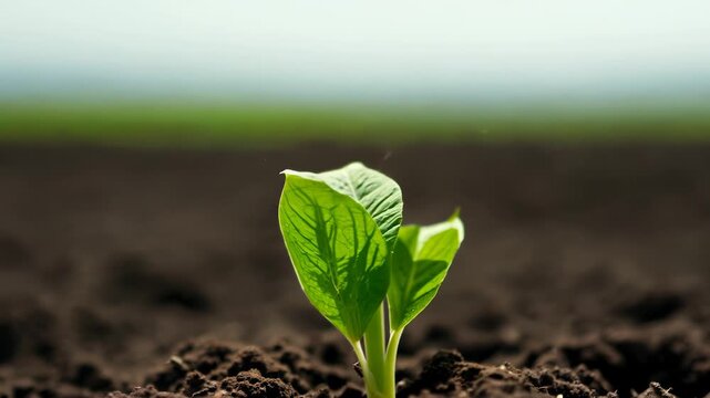 Young green plant sprouting in rich soil captured in slow motion for eco-themed video projects