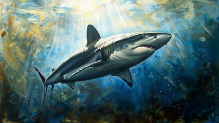 Fototapeta premium Ocean’s Apex: Profile View of a Swimming Shark