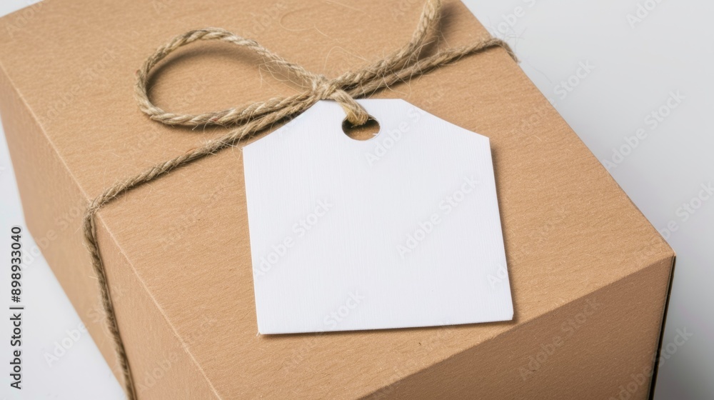 Aufkleber delivery of a box with a clean tag. background with selective focus and copy space