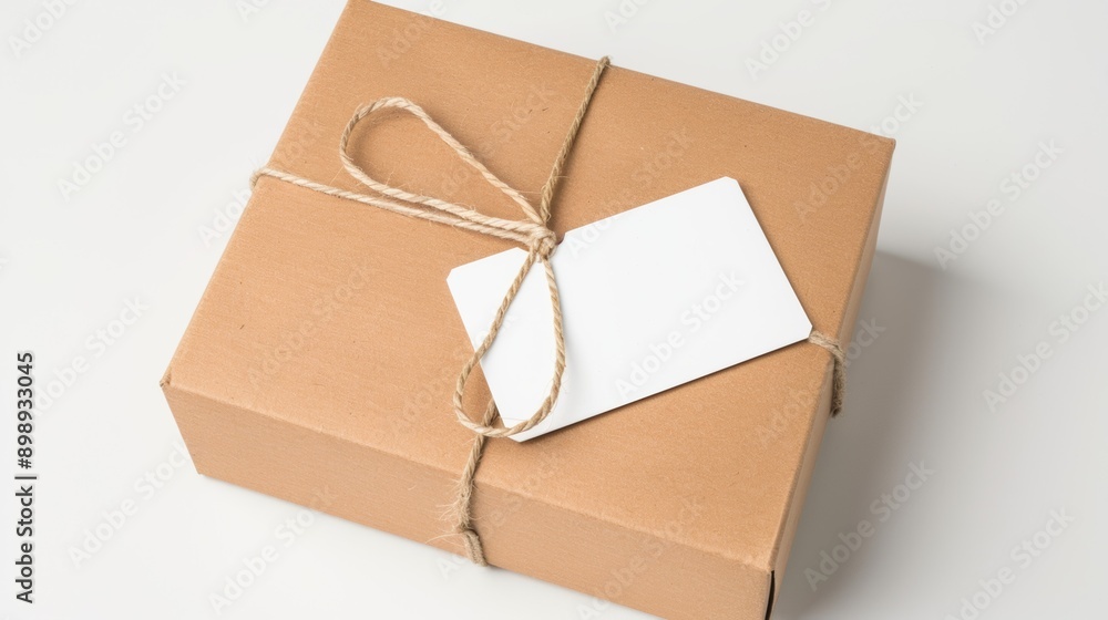 Aufkleber delivery of a box with a clean tag. background with selective focus and copy space