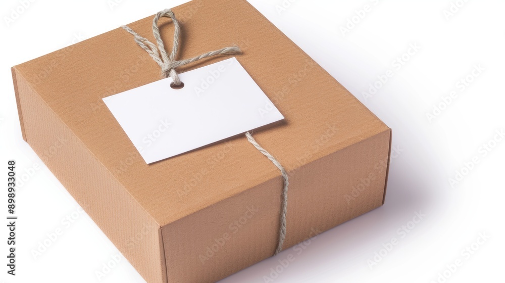 Aufkleber delivery of a box with a clean tag. background with selective focus and copy space