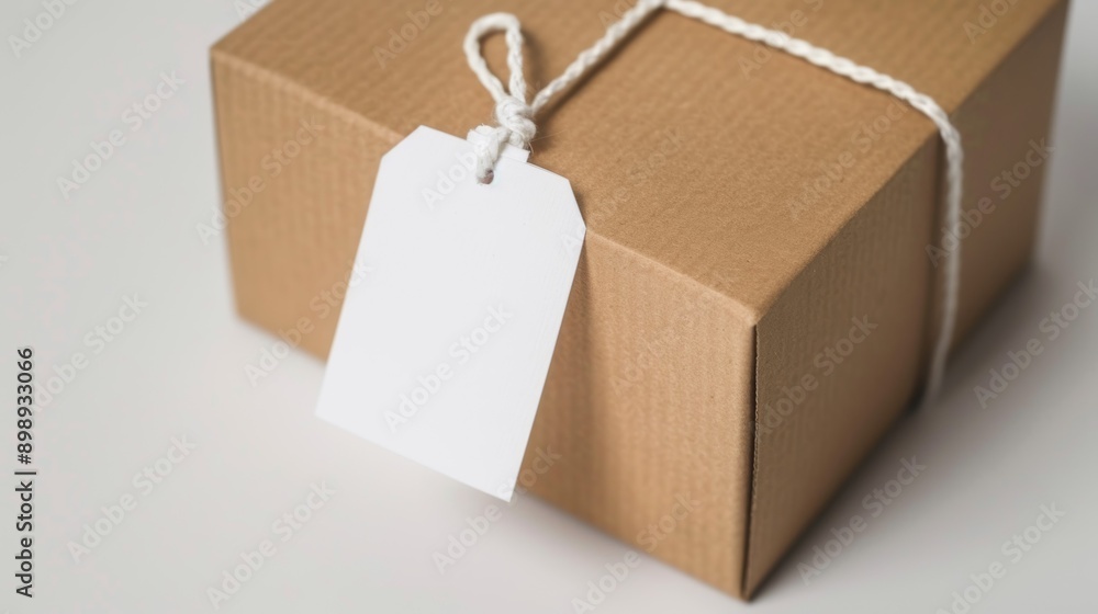 Aufkleber delivery of a box with a clean tag. background with selective focus and copy space