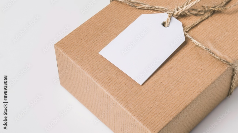 Aufkleber delivery of a box with a clean tag. background with selective focus and copy space