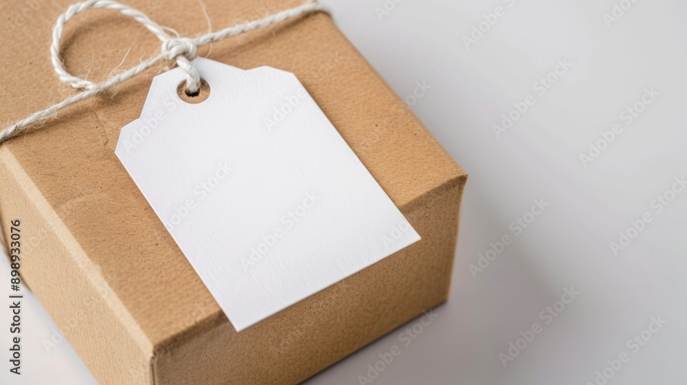 Aufkleber delivery of a box with a clean tag. background with selective focus and copy space