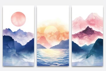 Three watercolor paintings of mountains with a beautiful sunset background