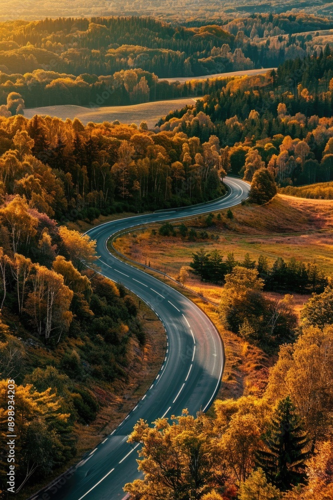 Poster a serene scene with a winding road surrounded by lush greenery and tall trees