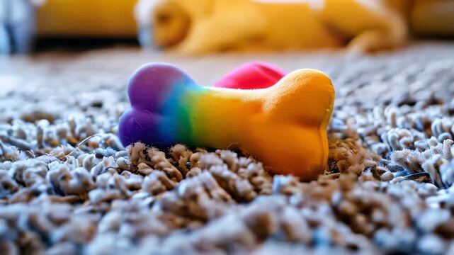 Colorful, bone-shaped dog toy on carpet with relaxed in background