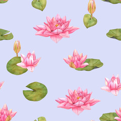 Seamless pattern Lotus Flowers and Buds with Green Leaves on blue Background for Fabric and Decorative Patterns