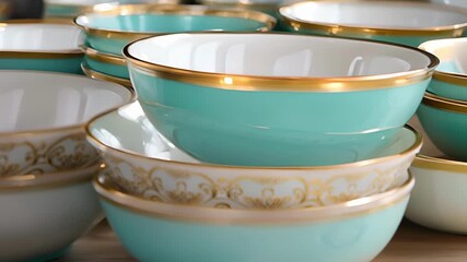A set of fine china soup bowls in a vibrant hue with intricate gold ts adding a touch of elegance.
