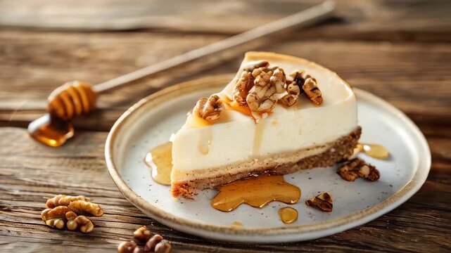 Slice of cheesecake drizzled with honey, garnished walnuts