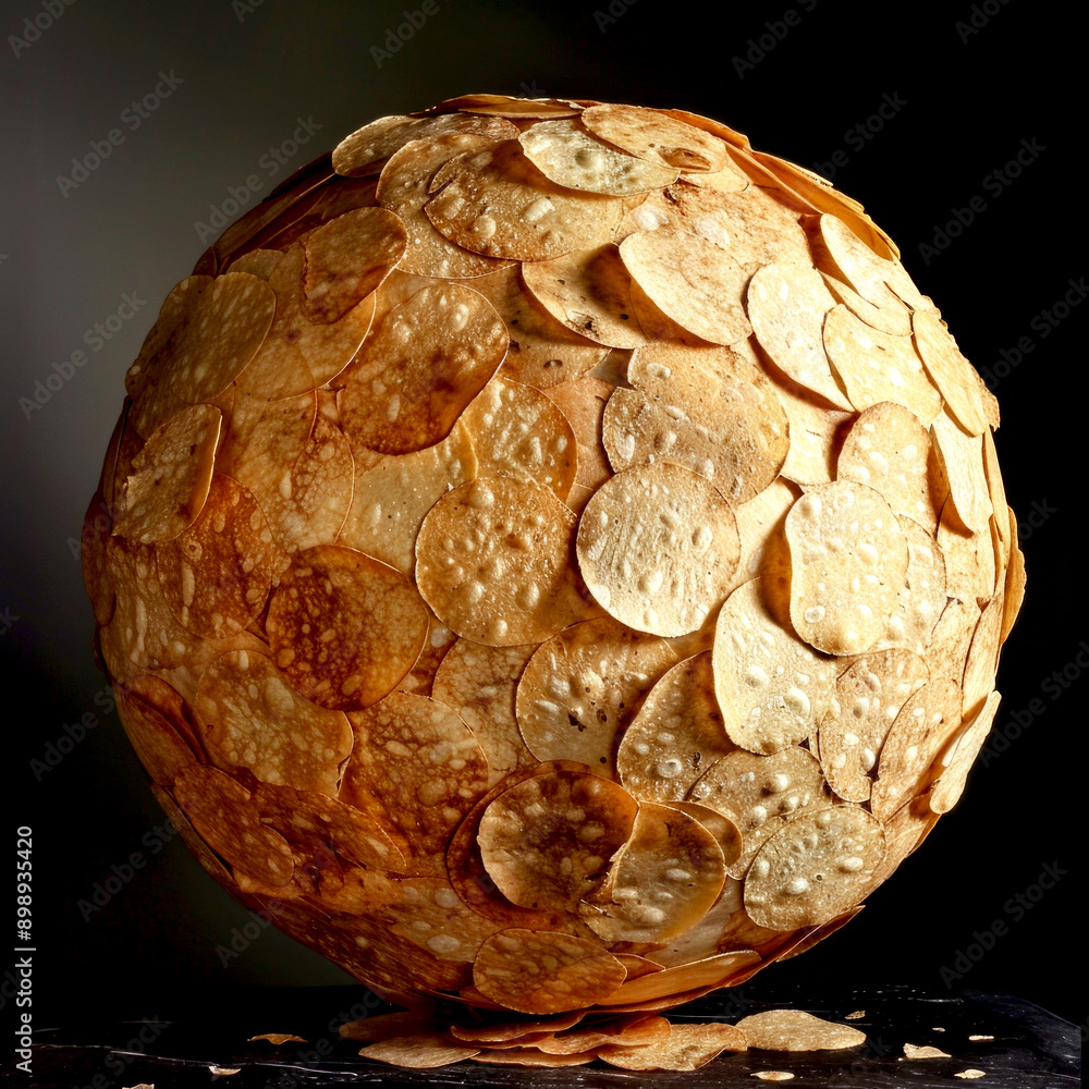 Poster Round structure made of overlapping crispy chips creating a unique art piece. Creative culinary design in a studio. Perfect for food and art concepts. Captivating and imaginative display. AI